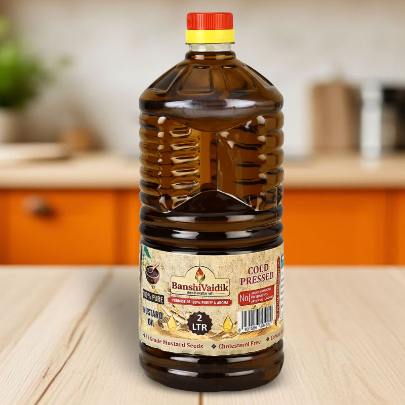 BanshiVaidik Cold Pressed Mustard Oil (2 L) | 100% Pure Kachi Ghani | Family Pack | FSSAI Certified